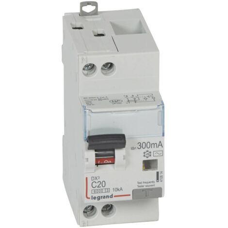 DISJONCTEUR DIFFERENTIEL DX3 6000 VIS/VIS U+N 230V 20A TYPE AC 300 MA-10 KA COURBE C 2M LEGRAND 410814