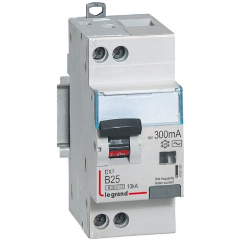 Disjoncteur différentiel DX³6000 10kA arrivée haute départ bas à vis U+N 230V 25A type AC 300mA courbe B LEGRAND 410901