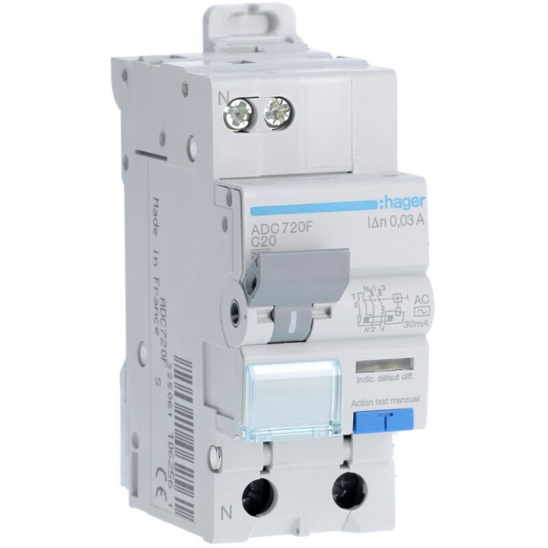 Disjoncteur différentiel -20A - Ph + n - courbe c - Type ac - Vis/Vis - ADC720F Hager