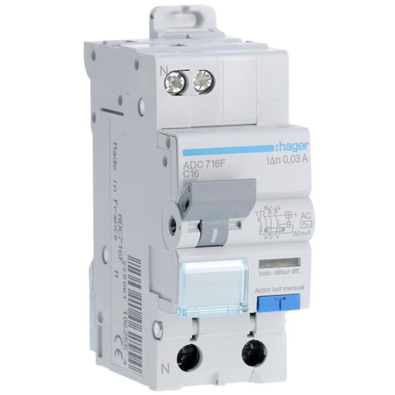 Disjoncteur différentiel -16A - Ph + n - courbe c - Type ac - Vis/Vis - ADC716F Hager