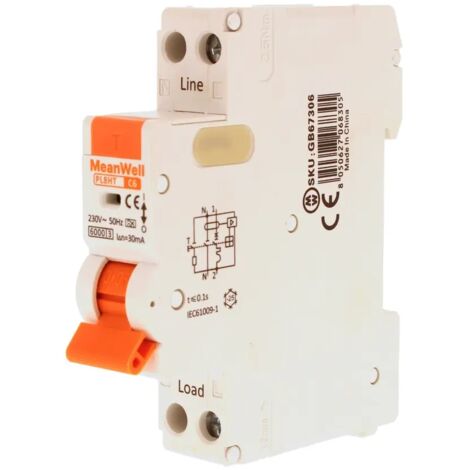 Disjoncteur différentiel MeanWell type A courbe C 1P+N 1M 6 kA 30 mA C6A AC 230 V
