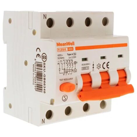 Disjoncteur différentiel MeanWell type A courbe C 3P+N 4M 6 kA 30 mA C40A AC 400 V
