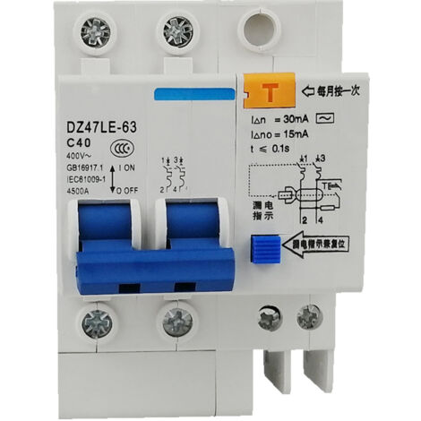 Disjoncteur différentiel miniature bipolaire 30 mA 400 V pour usage domestique, montage sur rail DIN DZ47LE-63