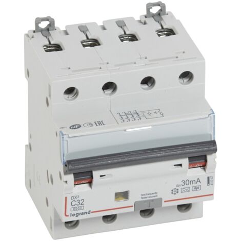 Disjoncteur différentiel monobloc DX3 10kA arrivée haute et départ bas à vis 4 Pôles 400V 32A type F 30mA LEGRAND 411247