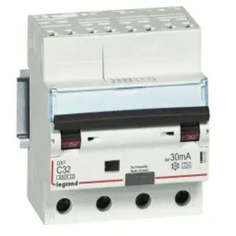 Disjoncteur différentiel monobloc DX6000 10kA arrivée haute automatique départ bas à vis 4P 400V 32A typeA 30mA (411214)