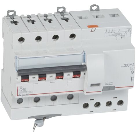 Disjoncteur différentiel monobloc DX³6000 10kA arrivée haute et départ bas à vis 4 Pôles 400V 40A type AC 300mA LEGRAND 411209