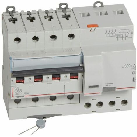 Disjoncteur différentiel monobloc DX³6000 10kA arrivée haute et départ bas à vis 4P 400V - 63A - typeAC 300mA - LEGRAND