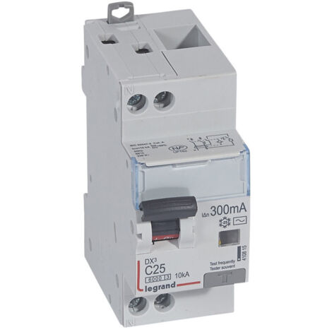 Disjoncteur différentiel monobloc DX6000 10kA arrivée haute et départ bas à vis U+N 230V 25A typeAC 300mA (410815)
