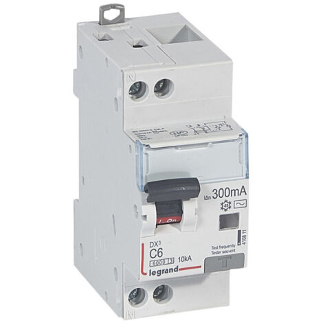 Disjoncteur différentiel monobloc DX6000 10kA arrivée haute et départ bas à vis U+N 230V 6A typeAC 300mA (410811)