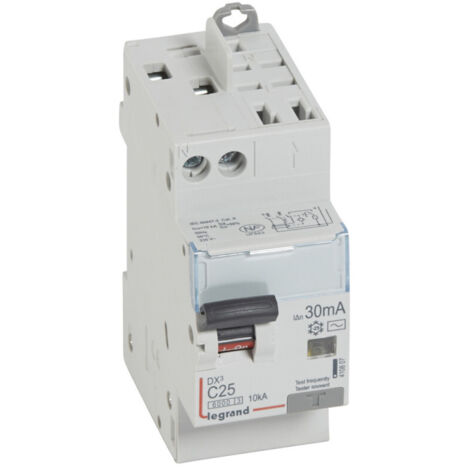 Disjoncteur différentiel monobloc DX6000 10kA arrivée haute vis départ haut automatique U+N 230V 25A typeAC 30mA (410807)