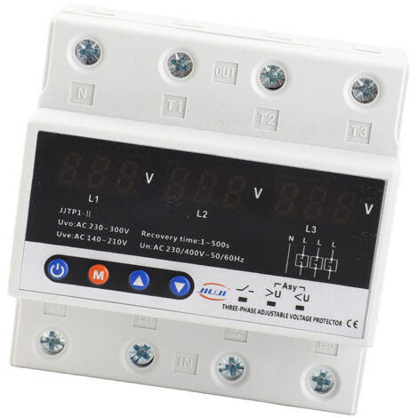 Disjoncteur Din Rail Automatique Triphasé 63A 380V - Protector de Sur/Sous Tension avec Réglage et Recouvrement