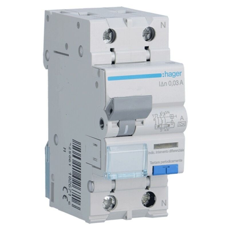 Magnétothermique Différentiel Hager 1P+N 16A 4.5kA 30mA courbe c Type a 2M ADA816H