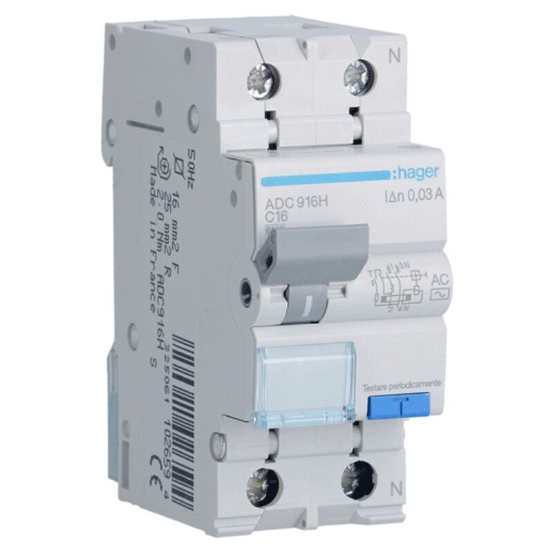Magnétothermique Différentiel Hager 1P+N 16A 6kA 30mA courbe c type ac 2M ADC916H