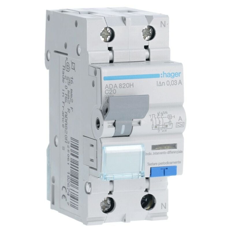 Hager - Magnétothermique Différentiel 1P+N 20A 4.5kA 30mA courbe c Type a 2M ADA820H
