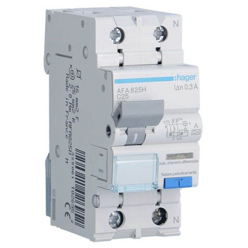 Magnétothermique Différentiel Hager 1P+N 25A 4.5kA 300mA courbe c Type a 2M AFA825H