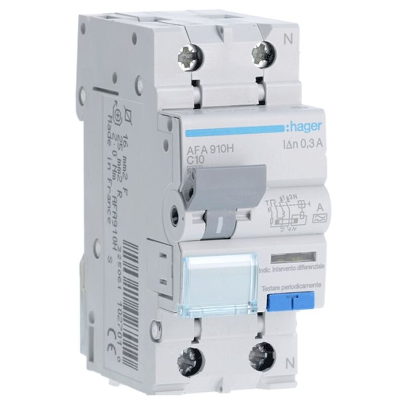 Hager - Magnétothermique Différentiel 1P+N 10A 6kA 300mA courbe c Type a 2M AFA910H