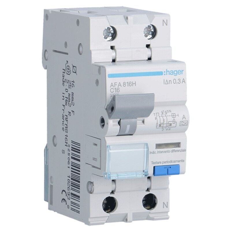 Hager - Magnétothermique Différentiel 1P+N 16A 4.5kA 300mA courbe c Type a 2M AFA816H