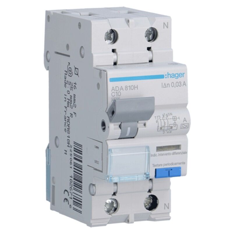 Magnétothermique Différentiel Hager 1P+N 10A 4.5kA 30mA courbe c Type a 2M ADA810H