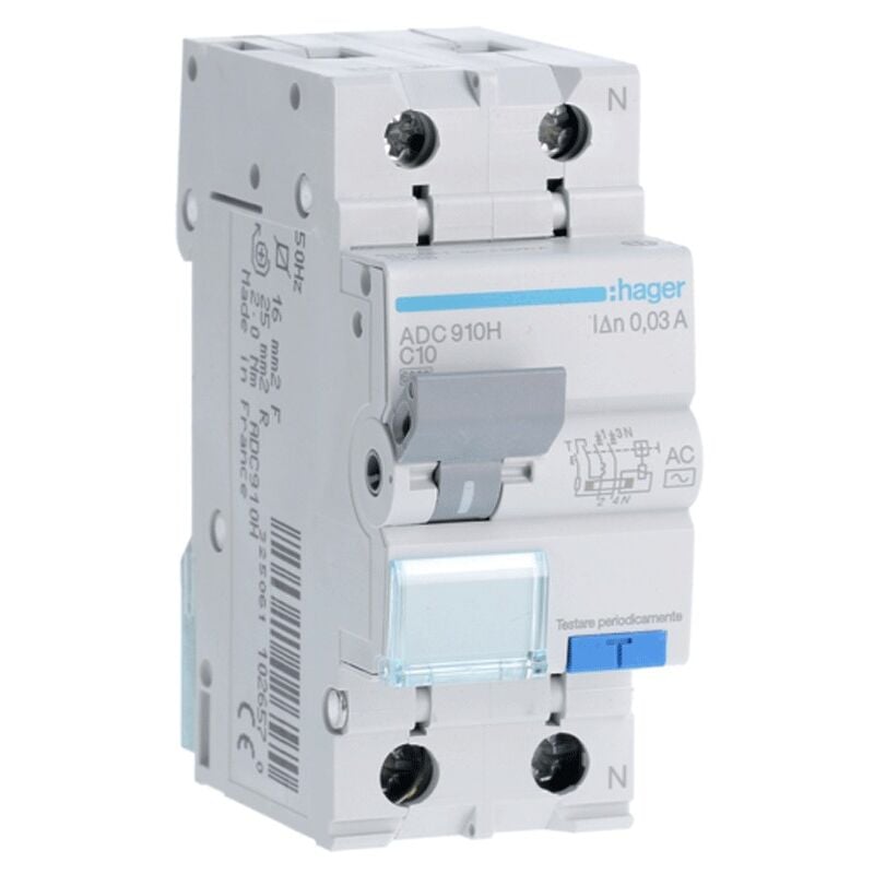 Magnétothermique Différentiel Hager 1P+N 10A 6kA 30mA courbe c type ac 2M ADC910H