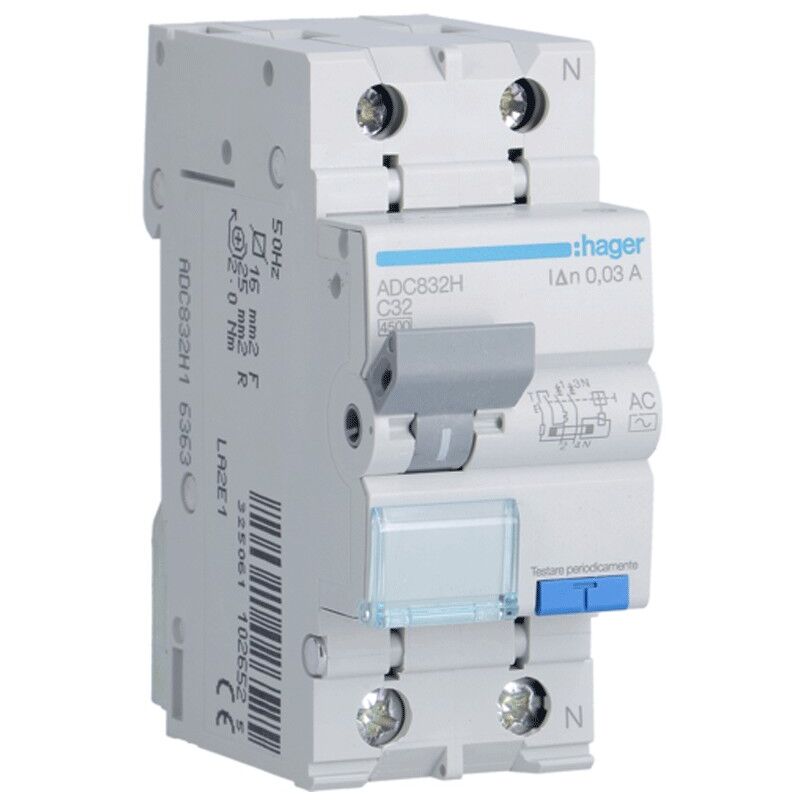 Magnétothermique Différentiel Hager 1P+N 32A 4.5kA 30mA courbe c type ac ADC832H