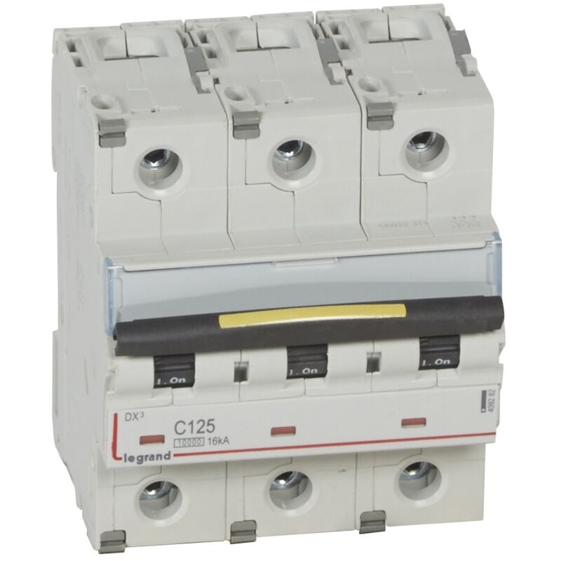 Disjoncteur DX³10000 16kA arrivée haute et départ bas à vis 3 Pôles 400V 125A courbe c 4,5 modules Legrand 409282