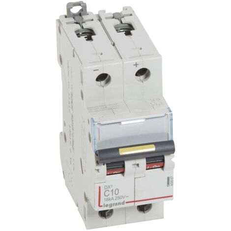 Disjoncteur DX³ 16kA courant continu arrivée vis et sortie basse vis 10A courbe C 2 modules LEGRAND 409567