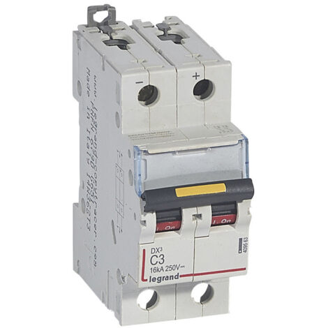 Disjoncteur DX 16kA courant continu arrivée vis et sortie basse vis 3A courbe C 2 modules (409563)