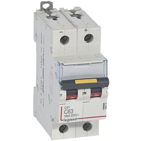 Disjoncteur DX³ 16kA courant continu arrivée vis et sortie basse vis 63A courbe C 2 modules LEGRAND 409574