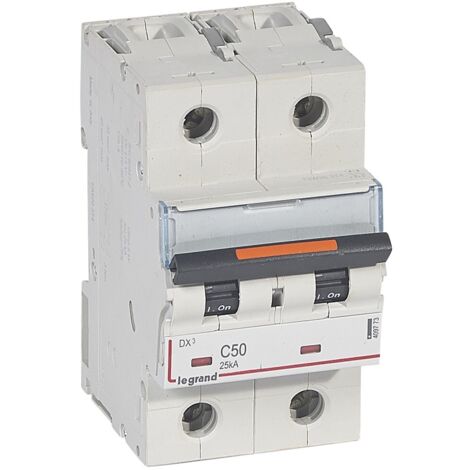 Disjoncteur DX³ 25kA arrivée haute et départ bas à vis 2 Pôles 230V à 400V 50A courbe C 3 modules LEGRAND 409773