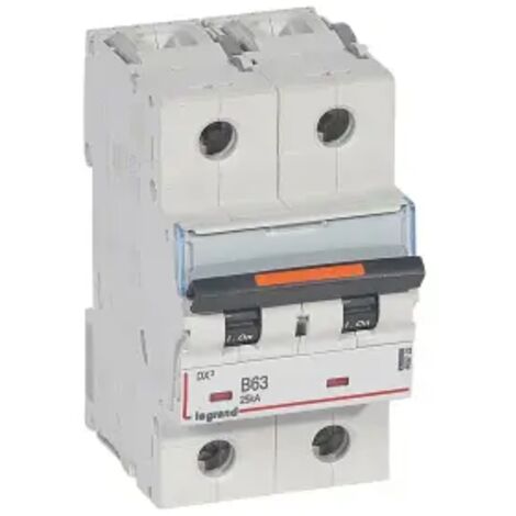 Disjoncteur DX³ 25kA arrivée haute et départ bas à vis 2 Pôles 230V à 400V 63A courbe B 3 modules LEGRAND 409722