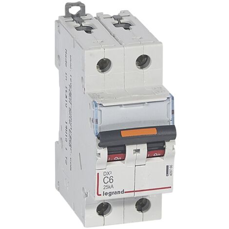Disjoncteur DX³ 25kA arrivée haute et départ bas à vis 2 Pôles 230V à 400V 6A courbe C 2 modules LEGRAND 409766