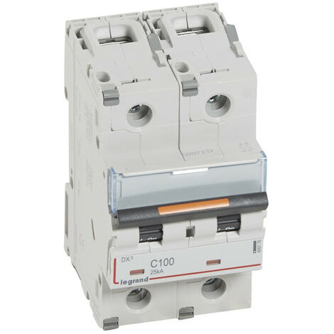 Disjoncteur DX³ 25kA arrivée haute et départ bas à vis 2 Pôles de 230V à 400V 100A courbe C 3 modules LEGRAND 409776