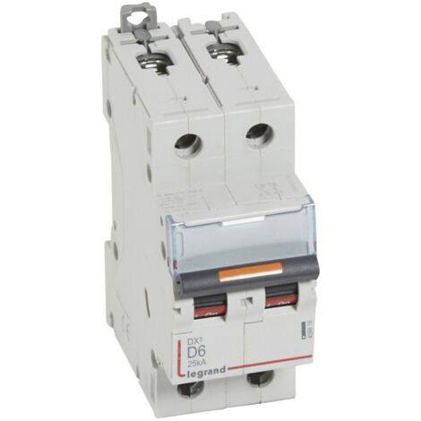 Disjoncteur DX³ 25kA arrivée haute et départ bas à vis 2 Pôles de 230V à 400V 6A courbe D 2 modules LEGRAND 409818