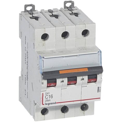 Disjoncteur DX³ 25kA arrivée haute et départ bas à vis 3 Pôles 400V 16A courbe C 3 modules LEGRAND 409781