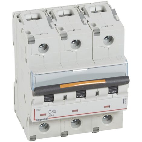 Disjoncteur DX³ 25kA arrivée haute et départ bas à vis 3 Pôles 400V 80A courbe C 4,5 modules LEGRAND 409788