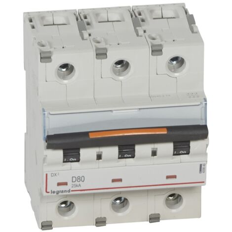 Disjoncteur DX³ 25kA arrivée haute et départ bas à vis 3 Pôles 400V 80A courbe D 4,5 modules LEGRAND 409840