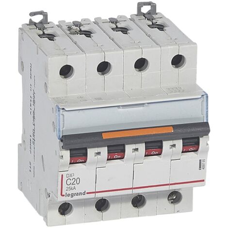 Disjoncteur DX³ 25kA arrivée haute et départ bas à vis 4 Pôles 400V 20A courbe C 4 modules LEGRAND 409795