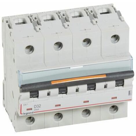 Disjoncteur DX³ 25kA arrivée haute et départ bas à vis 4 Pôles 400V 32A courbe D 6 modules LEGRAND 409849