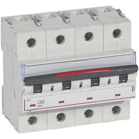 Disjoncteur DX³ 36kA arrivée haute et départ bas à vis 4 Pôles 400V 63A courbe C 6 modules LEGRAND 410040