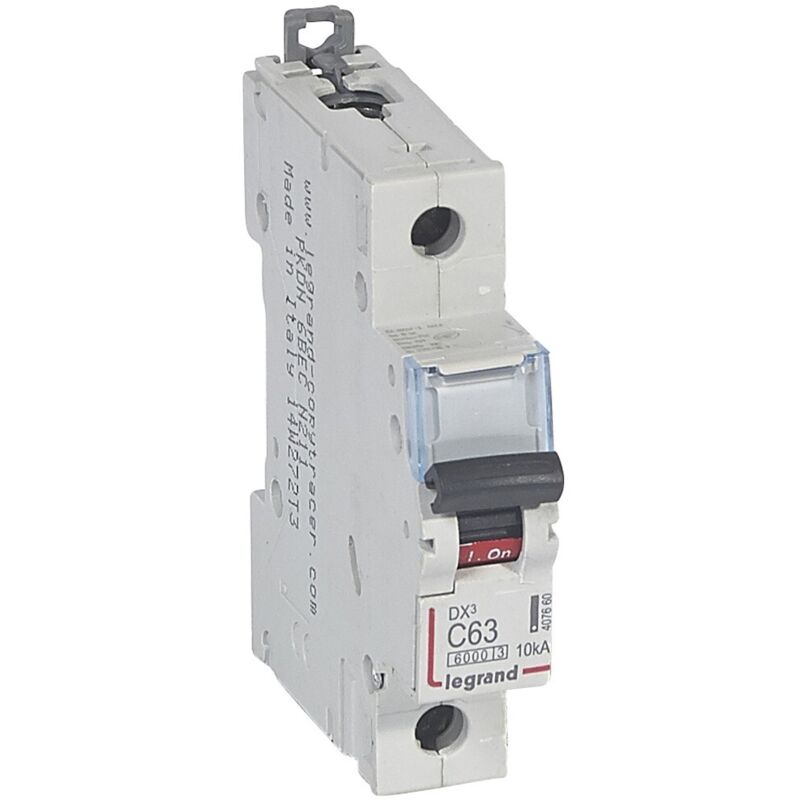 Disjoncteur DX6000 10kA arrivée haute et départ bas à vis 1P 230V à 400V 63A courbe c 1 module (407660)
