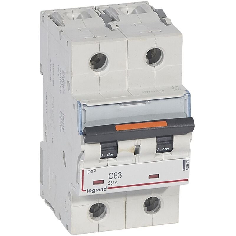 Disjoncteur DX³ 25kA arrivée haute et départ bas à vis 2 Pôles 230V à 400V 63A courbe c 3 modules Legrand 409774