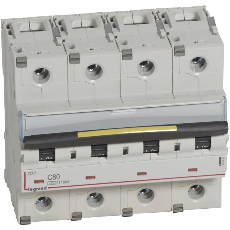 Disjoncteur DX³10000 16kA arrivée haute et départ bas à vis 4 Pôles 400V 80A courbe c 6 modules Legrand 409362