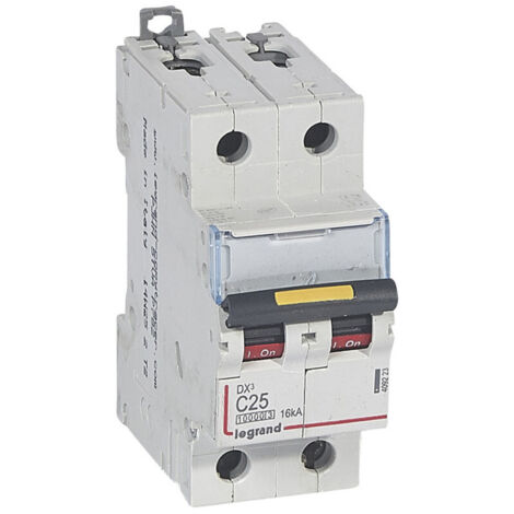 Disjoncteur DX10000 16kA arrivée haute et départ bas à vis 2P 230V à 400V 25A courbe C 2 modules (409223)