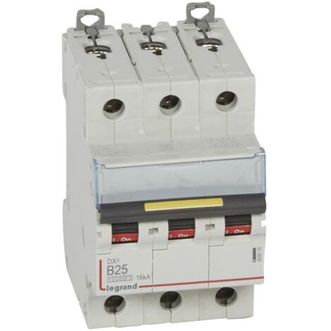 Disjoncteur DX³10000 16kA arrivée haute et départ bas à vis 3 Pôles 400V 25A courbe B 3 modules LEGRAND 409010