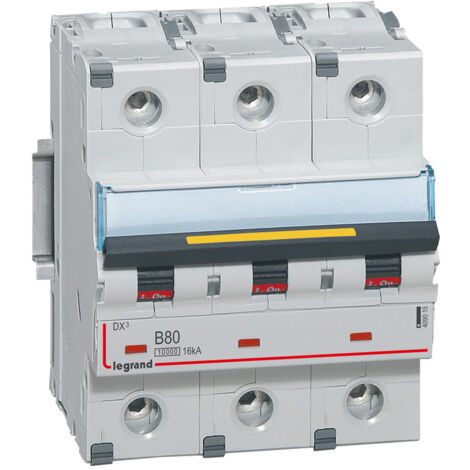 Disjoncteur DX³10000 16kA arrivée haute et départ bas à vis 3 Pôles 400V 80A Courbe B 4,5 modules LEGRAND 409015