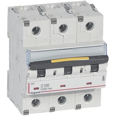 Disjoncteur DX10000 16kA arrivée haute et départ bas à vis 3P 400V 100A courbe C 4,5 modules (409281)