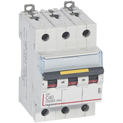 Disjoncteur DX10000 16kA arrivée haute et départ bas à vis 3P 400V 40A courbe C 3 modules (409277)