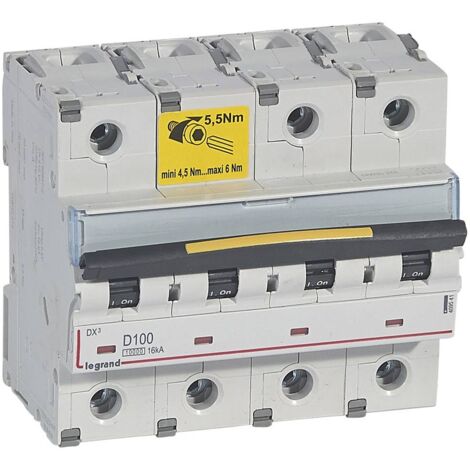 Disjoncteur DX10000 16kA arrivée haute et départ bas à vis 4P 400V 100A courbe D 6 modules (409541)