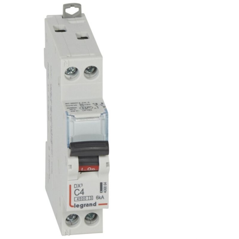 Legrand - Disjoncteur Phase+Neutre DNX³4500 6kA arrivée et sortie borne à vis 1P+N 230V 4A courbe c 1 module 406864