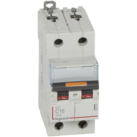 Disjoncteur DX3 25kA arrivée haute et départ bas à vis 2 Pôles 400V 16A courbe C 2 modules LEGRAND 409768